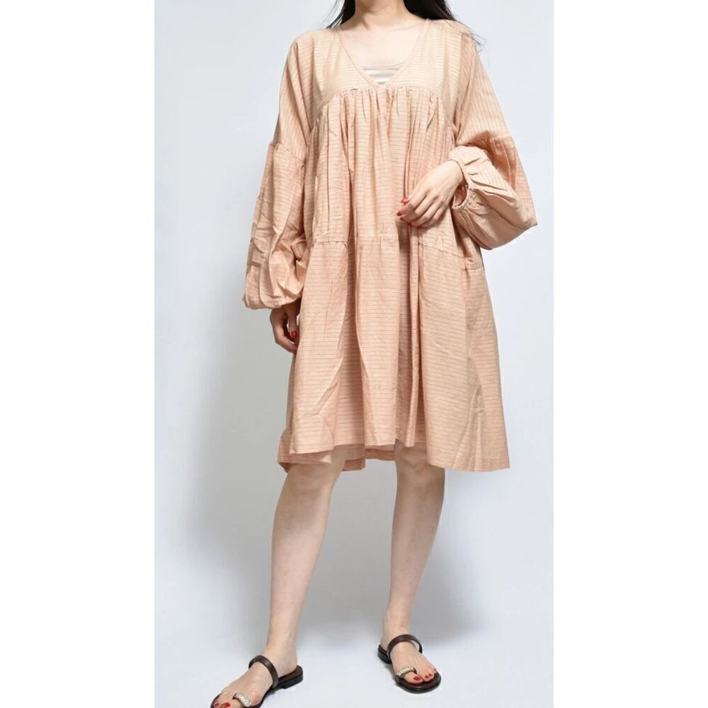 A Perfect Nomad 100% Organic Cotton SYMI V Neck Tiered Dress in Sand NWT OSFM